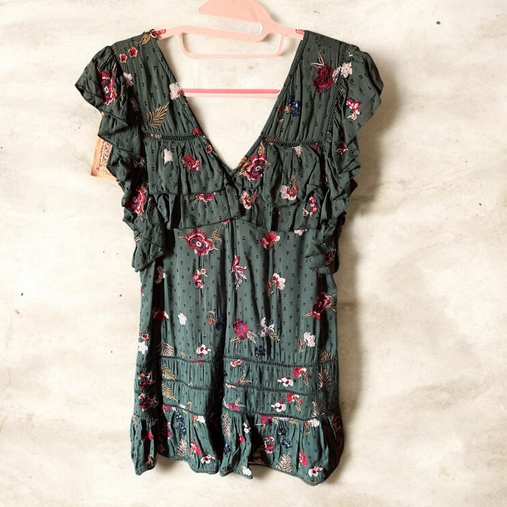 Aratta Green Floral Ruffle Blouse